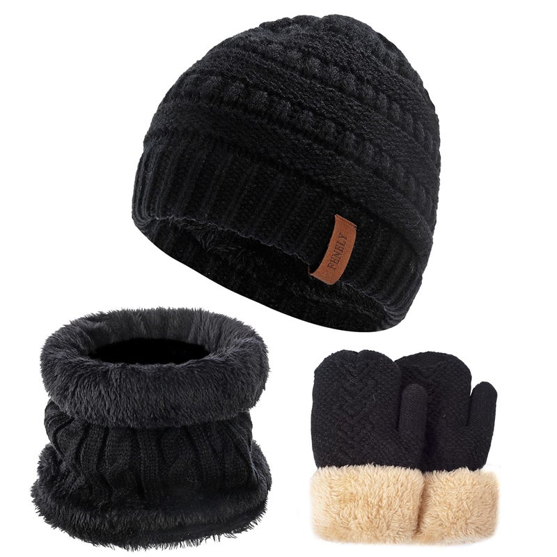 FENELY Girls Winter Hat Scarf Gloves Set for Cold Weather, Kids Beanie Hat Infinity Scarf Mittens Gloves Sets Black Knit Thick Warm Fleece Lined Thermal Set for 2-6 Years Old Boy Baby Toddler Children - Image 1